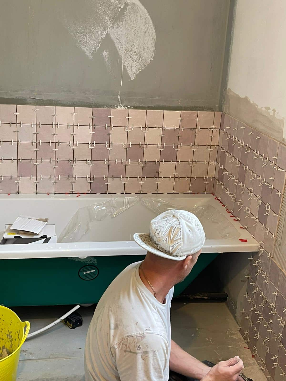 Zellige style wall tiles, Pink wall tiles, tonal wall tiles, bathtub, Tiling