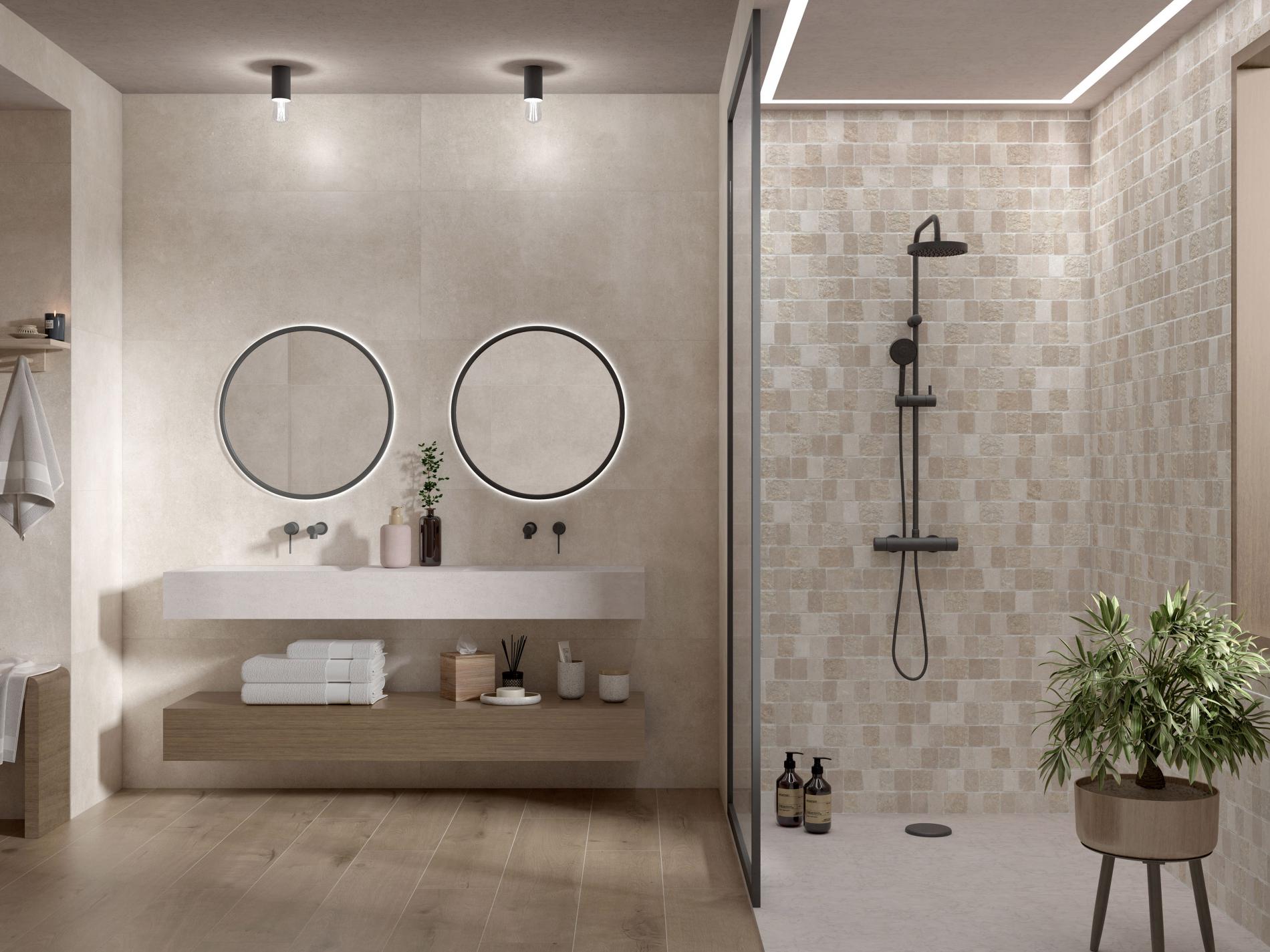 Roomshot image of manhattan tile in a bathroom with shower and sinks