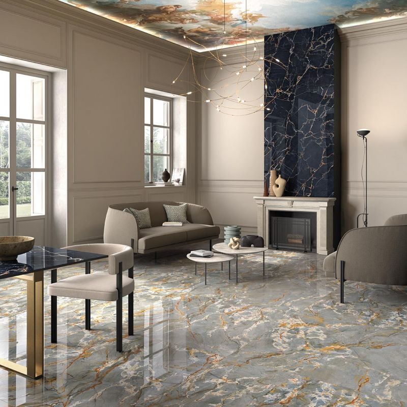 Modern living room with marble floors, a black marble fireplace, and elegant contemporary furniture.