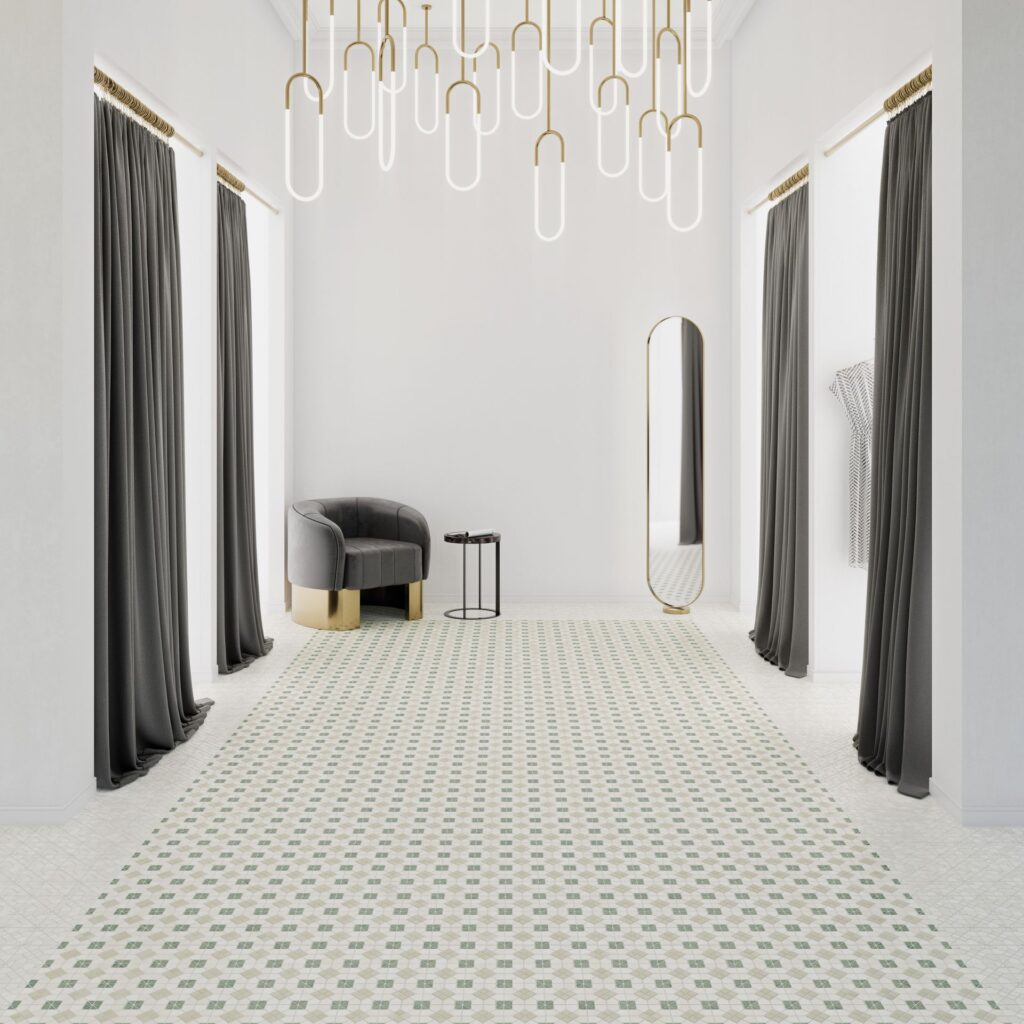 Minimalist room with patterned floor, black curtains, a black chair, and modern chandelier.