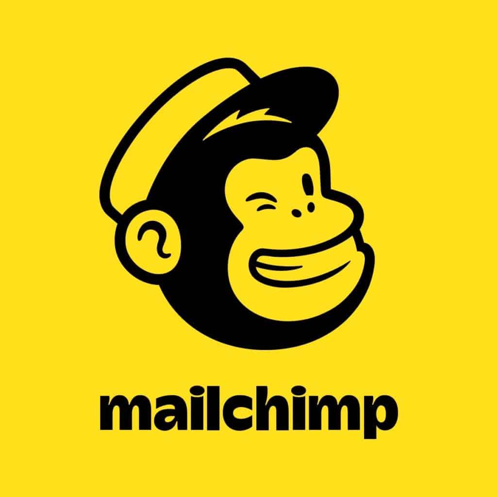 Mailchimp logo with a winking chimp face and "mailchimp" text on a yellow background.