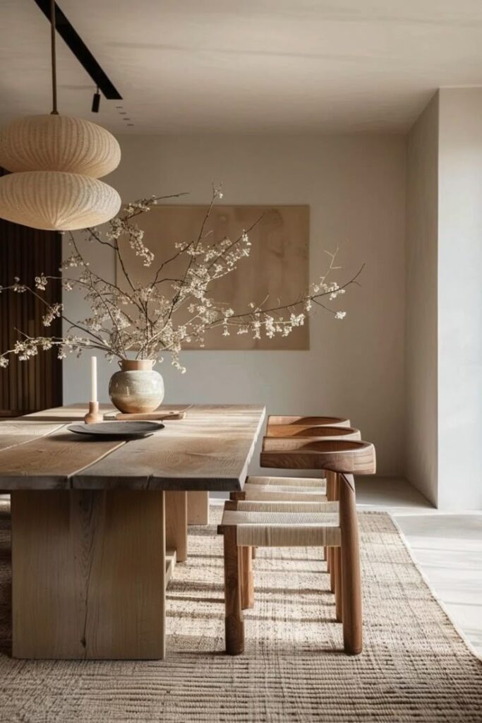 20+Japandi+Dining+Rooms+That+Blend+Elegance+and+Simplicity!-1920w.jpg Minimalist dining room with wooden table, chairs, paper lantern lights, and a vase with branches.