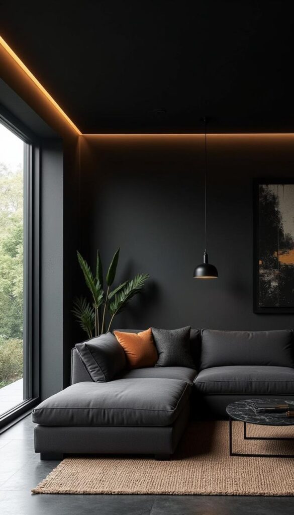 download+(2)-1920w.jpg Modern living room with dark walls, a gray sectional sofa, and a plant by a large window.