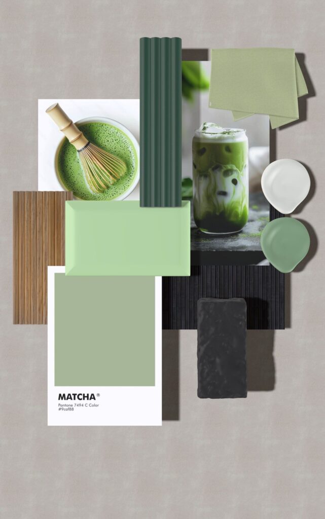 matcha-1920w.JPG Various matcha-themed items, paint swatches, and samples arranged on a grey background.