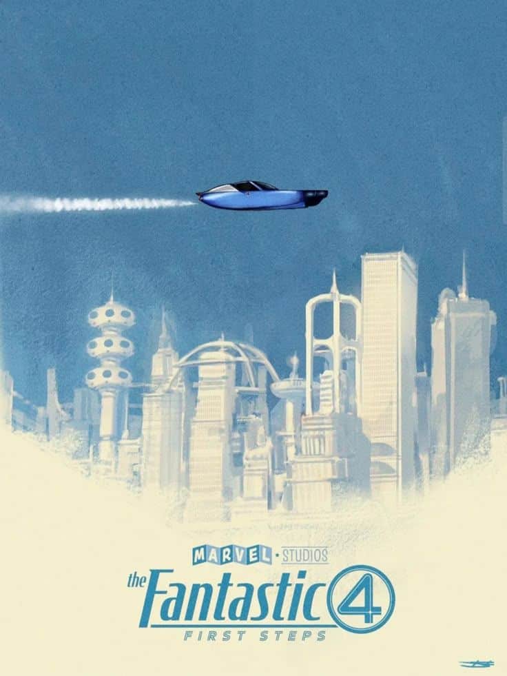Fantastic+4-1920w.jpg A flying car above a futuristic city skyline with "Marvel Studios The Fantastic Four" text below.