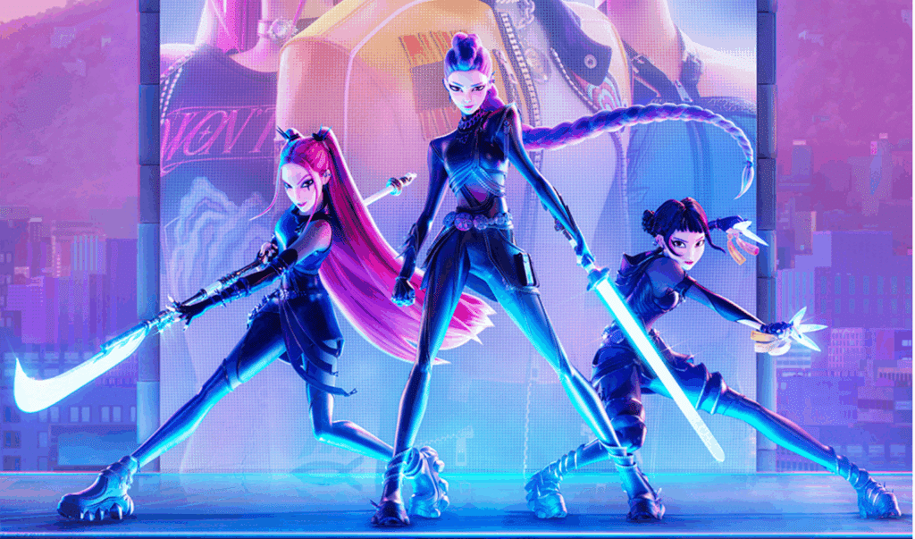 Three animated characters with glowing swords pose in a futuristic city setting with neon lighting.
