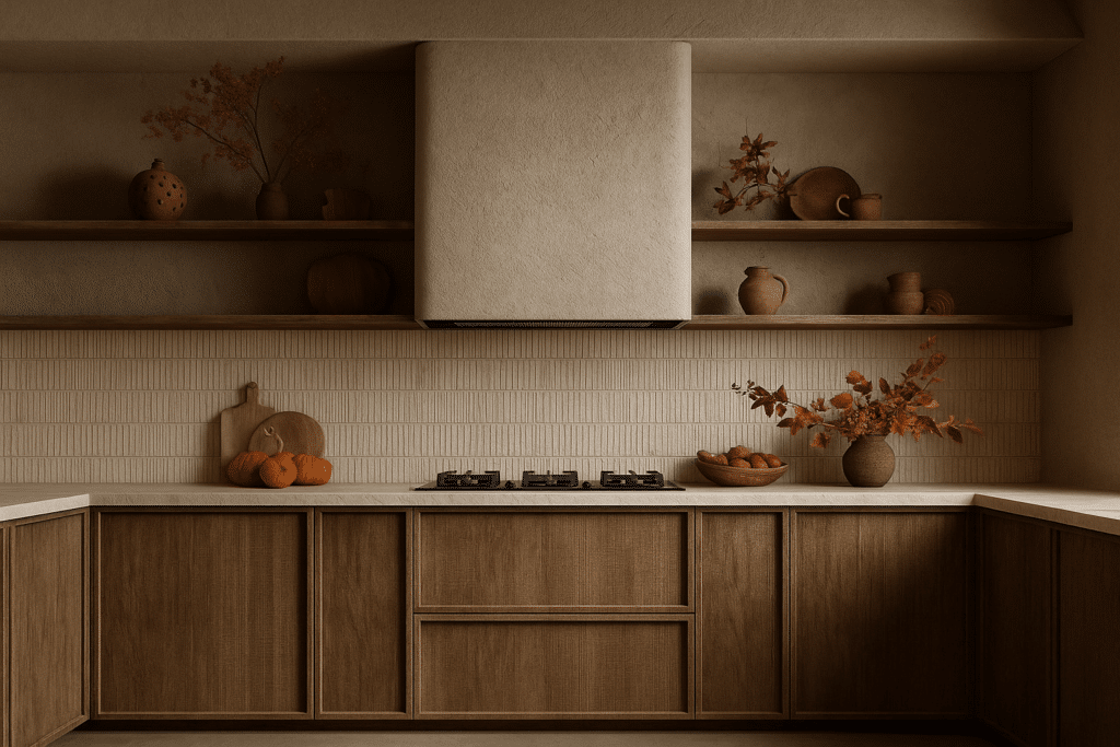 20251010_1428_Autumnal+Kitchen+Elegance_remix_01k774smrte8jsmebyg2gq2wmc-1920w.png Minimalist kitchen with wood cabinets, autumn decor, pumpkins, vases, and dried flowers on shelves and counters.