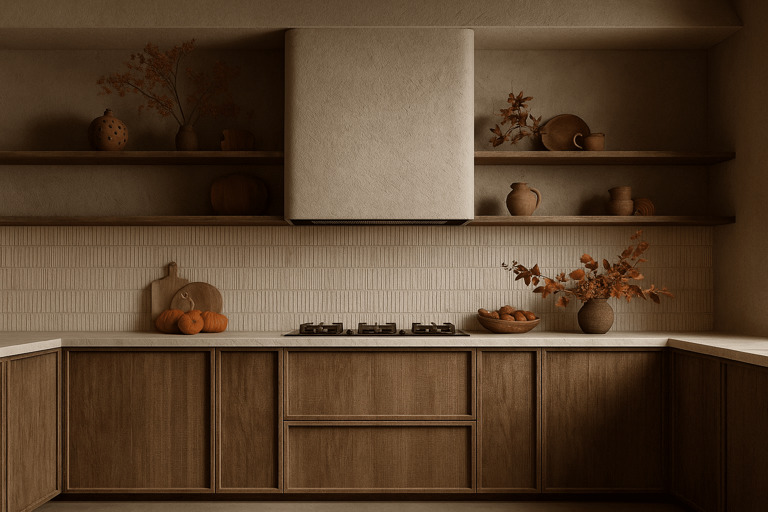 20251010_1428_Autumnal+Kitchen+Elegance_remix_01k774smrte8jsmebyg2gq2wmc-1920w.png Minimalist kitchen with wood cabinets, autumn decor, pumpkins, vases, and dried flowers on shelves and counters.