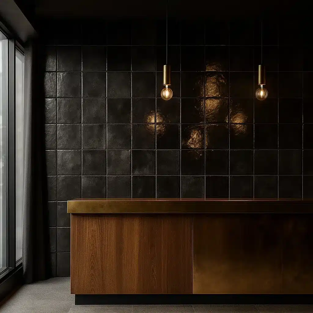 atelier+graphite+room+set-1920w.webp Dark tiled wall with hanging lights above a modern wood and brass counter.