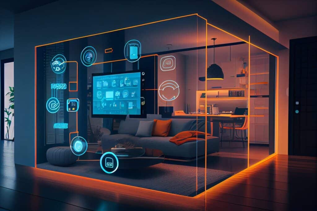 ai+interior-1920w.jpg Modern living room with digital smart home interface and glowing icons overlaying the space.