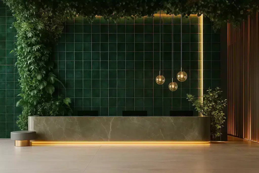 Modern lobby with green tile wall, hanging lights, plants, and a marble reception desk with warm lighting.