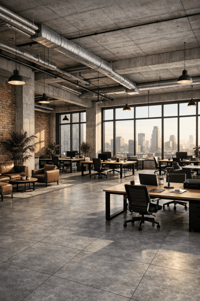Modern open office with industrial design, large windows, exposed ducts, and city skyline view.