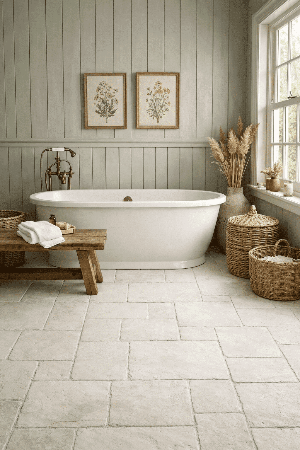 ModernFarmhouseBathroom Modern farmhouse bathroom with a white tub, wood accents, baskets, and botanical wall art.
