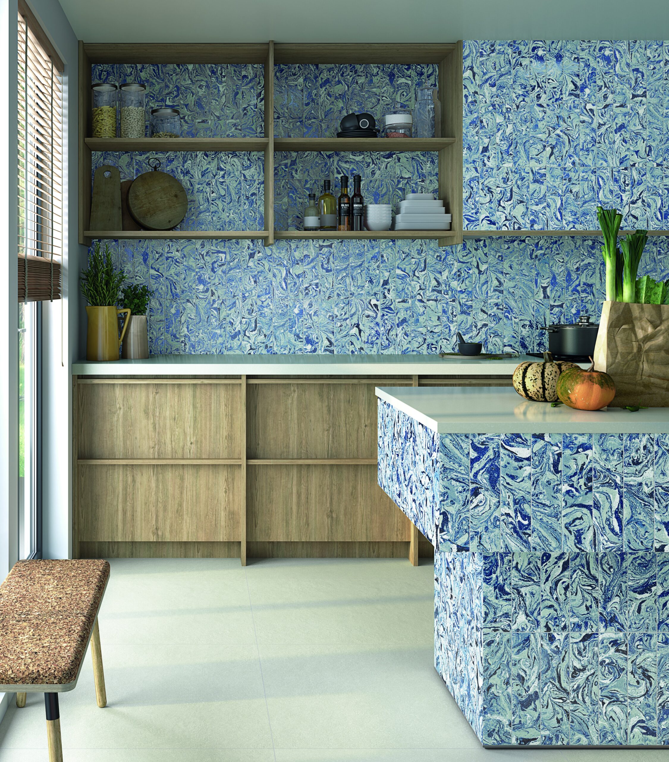 Modern kitchen with blue and white marbled tile backsplash and island, wooden cabinets, and open shelving.