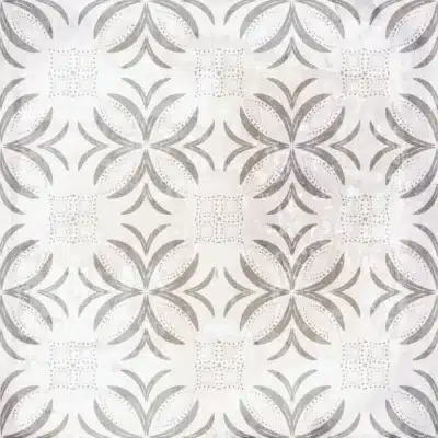 Gray and white geometric tile pattern with floral and curved shapes.