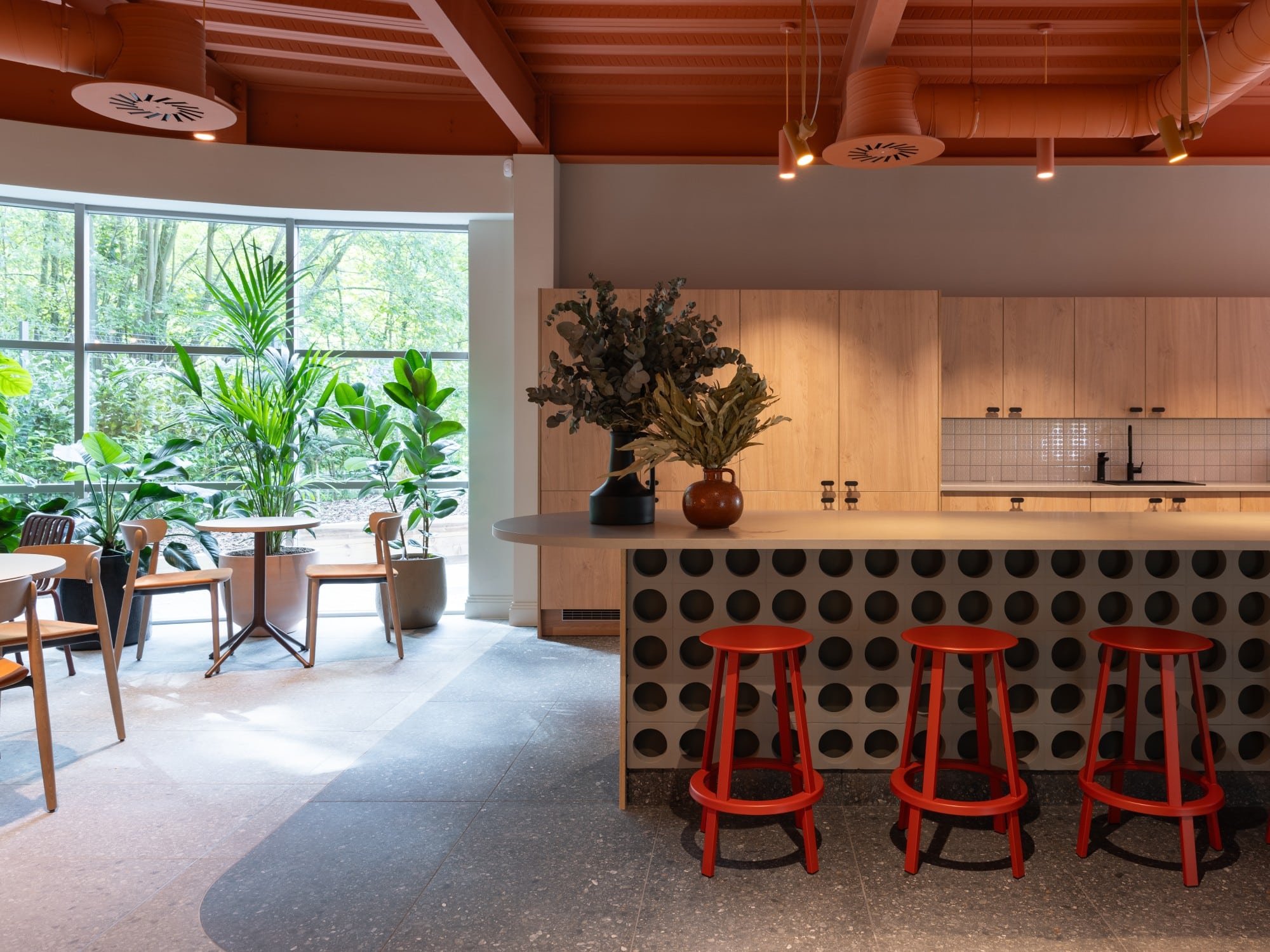 Modern kitchen and lounge area with red barstools, plants, and large windows letting in natural light.