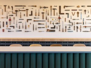 A wall display of vintage tools above a row of chairs and a counter.