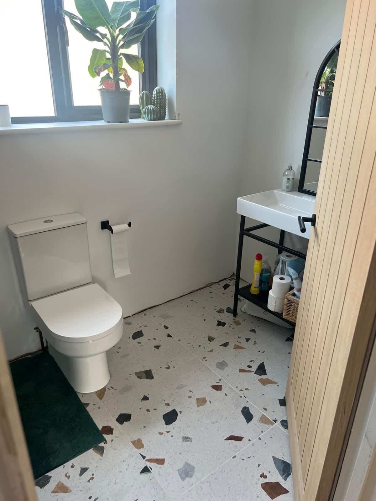 Small bathroom with a toilet, sink, mirror, and plants on the windowsill.