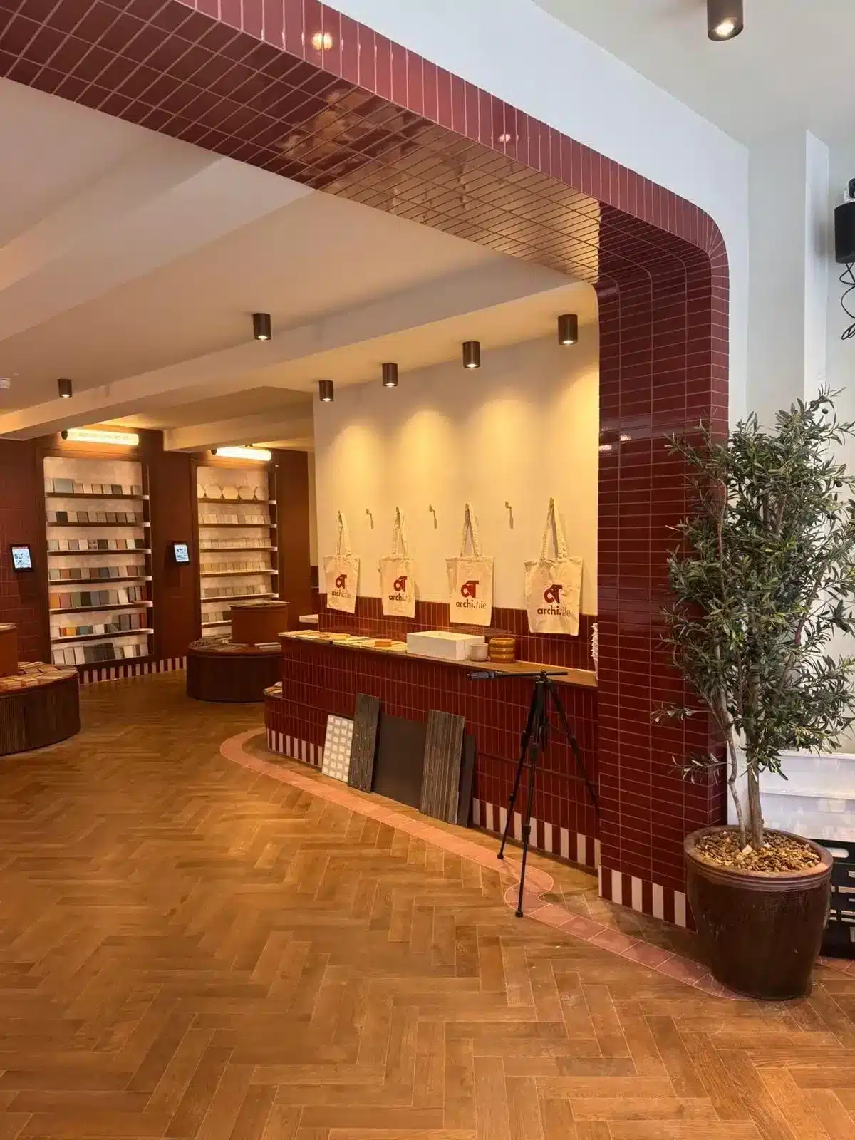 Modern showroom with wooden flooring, red tile accents, display shelves, and a potted plant.