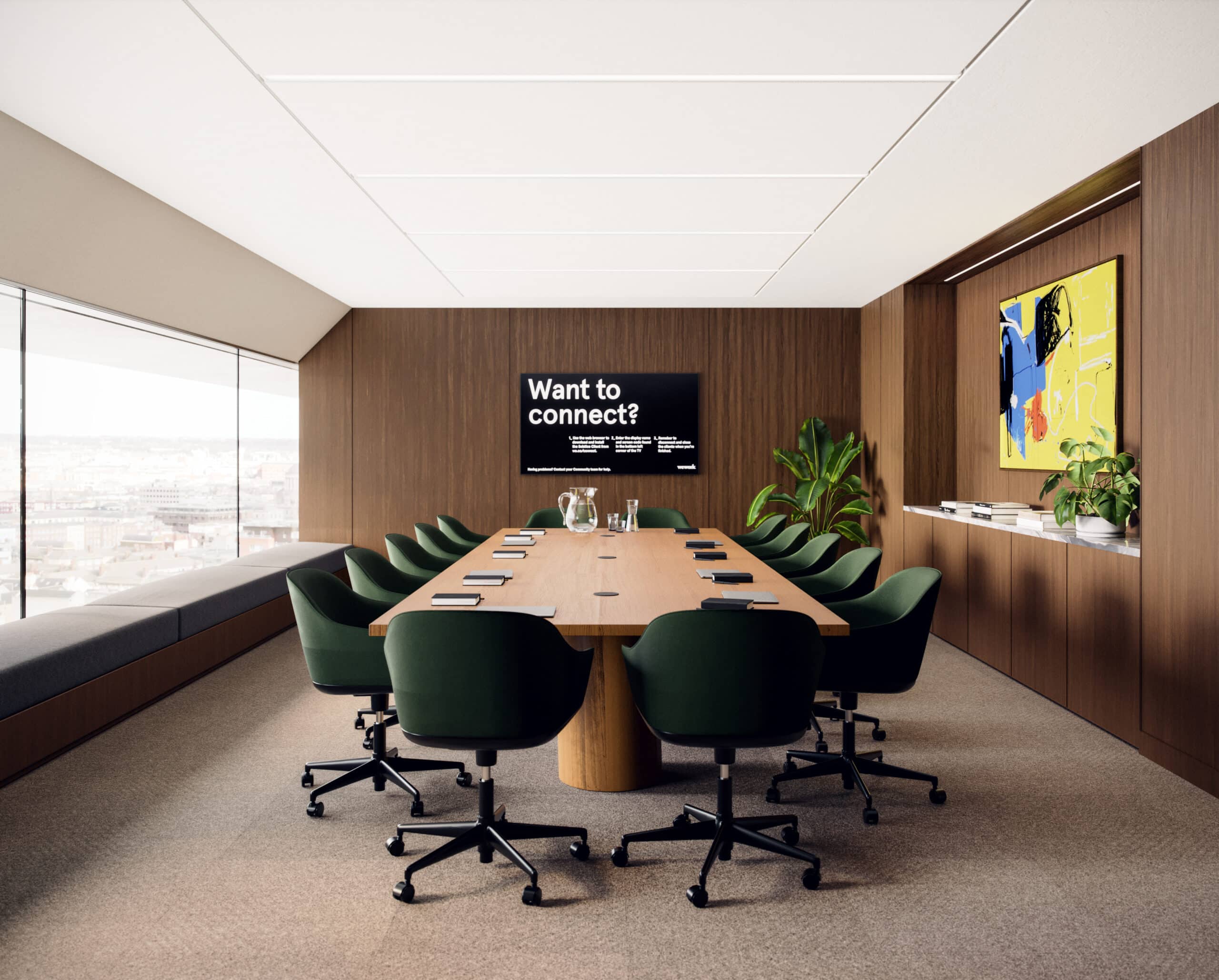 Modern boardroom with a long table, green chairs, and a large window with a city view.