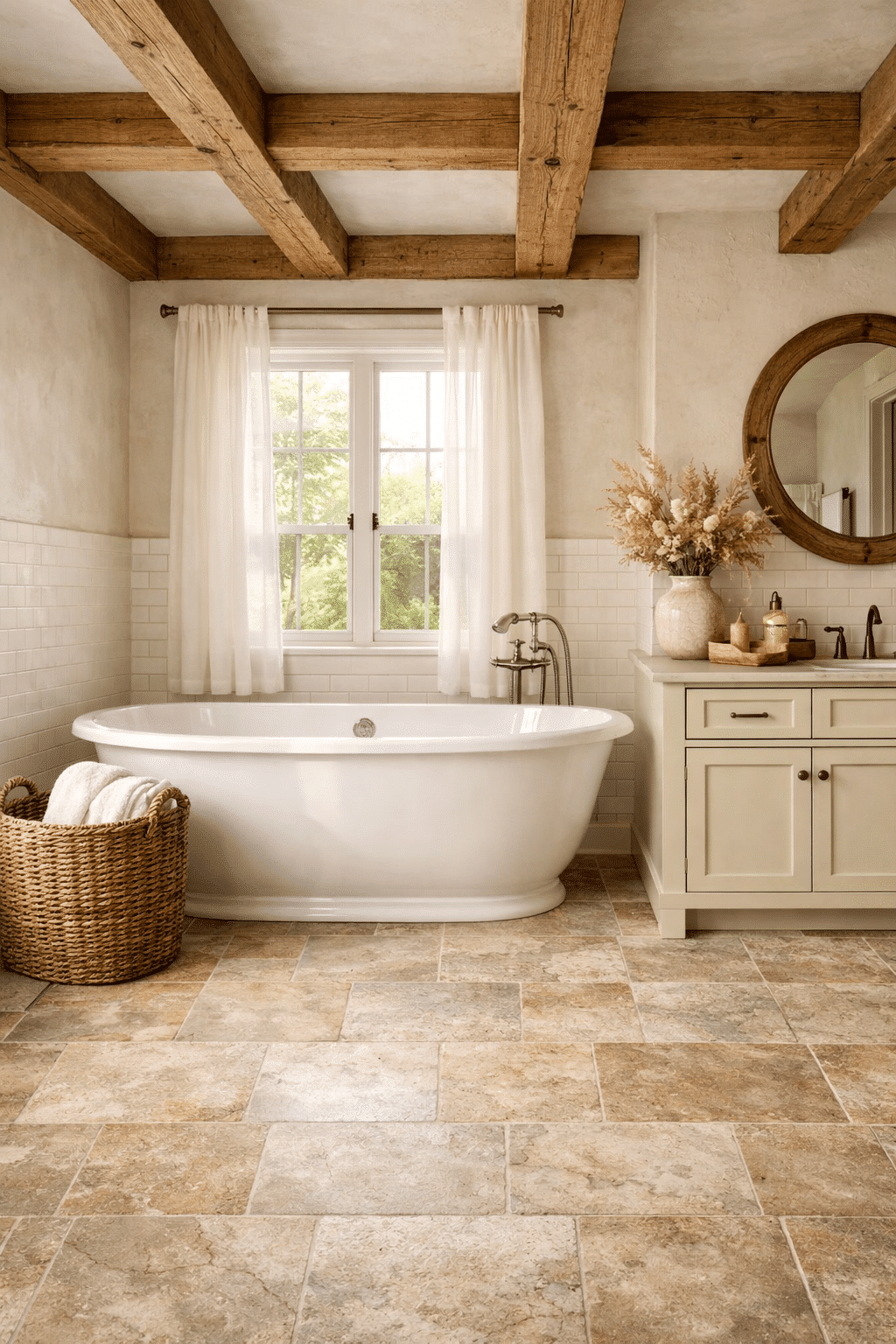 FarmhouseBathroom Cozy industrial nook with brick walls, framed photos, a bench, pillows, and jackets hanging on hooks.
