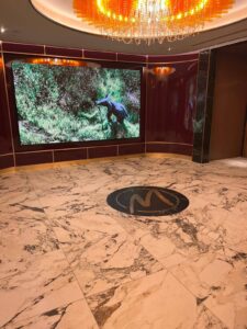 Marble floor lobby with a large screen showing a deer and a chandelier above.