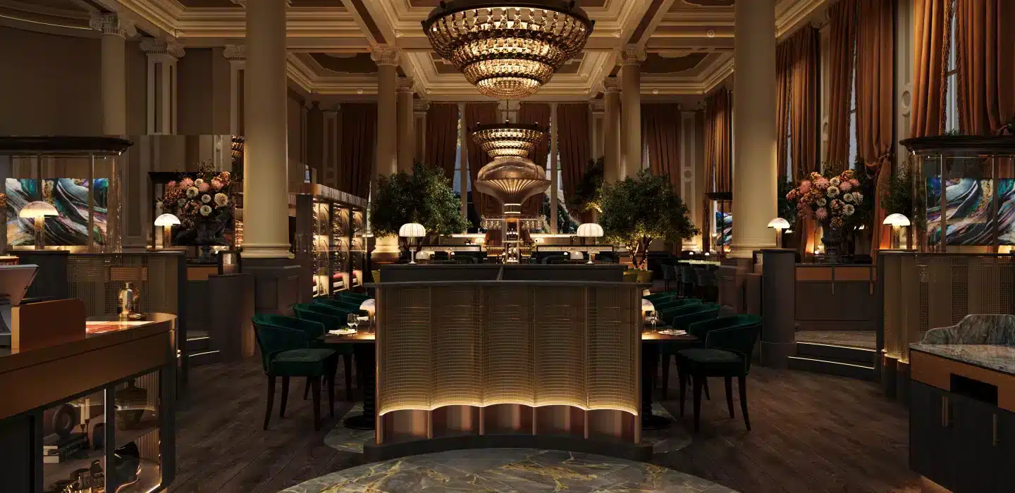 Elegant restaurant interior with chandeliers, tables, and warm lighting.